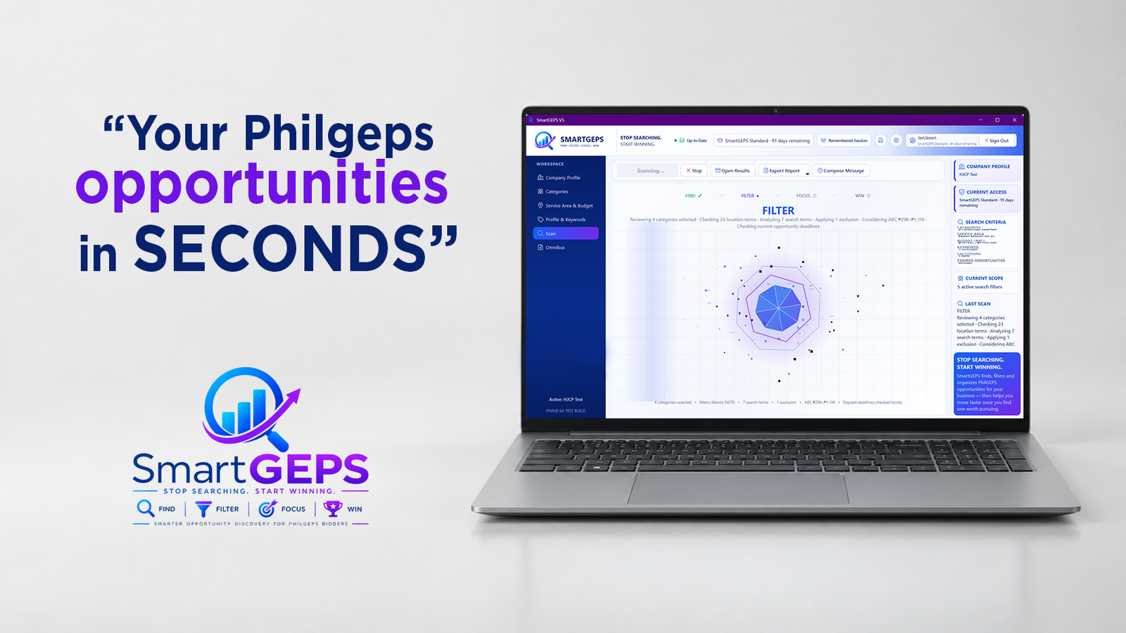 SmartGEPS Windows desktop application showing PhilGEPS opportunities on a laptop