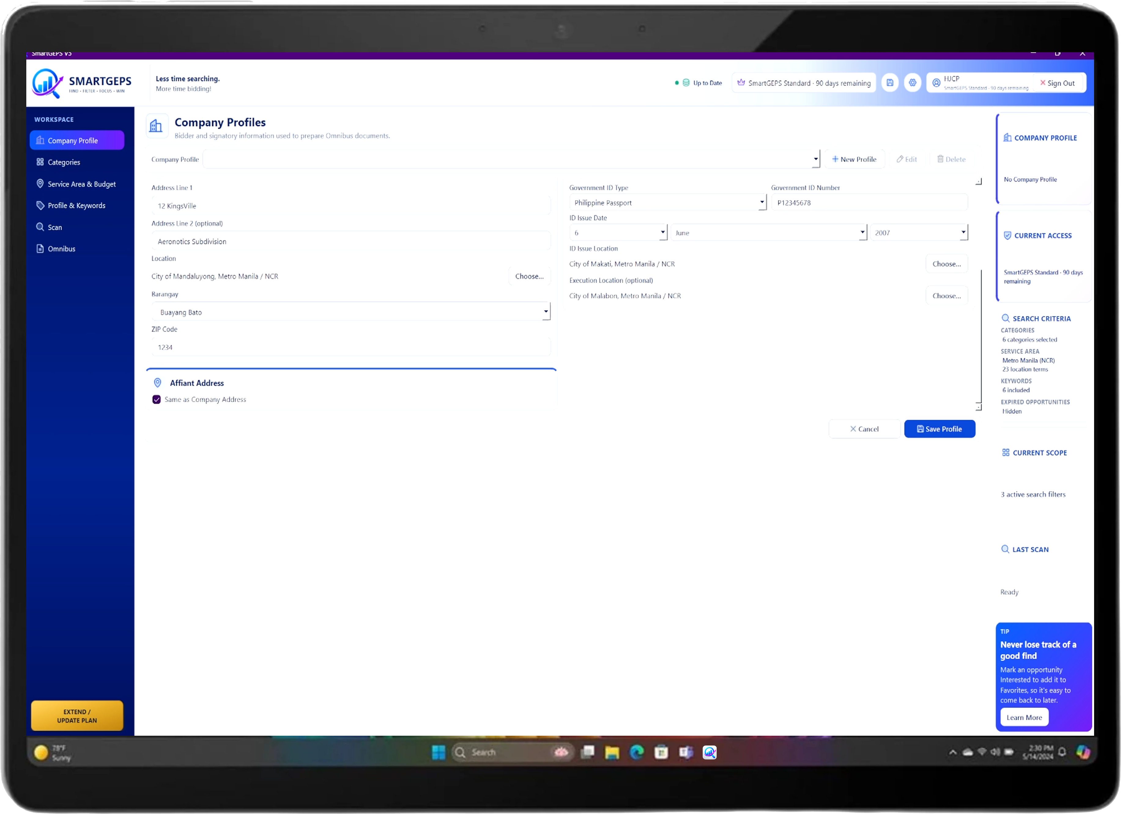SmartGEPS company profile setup