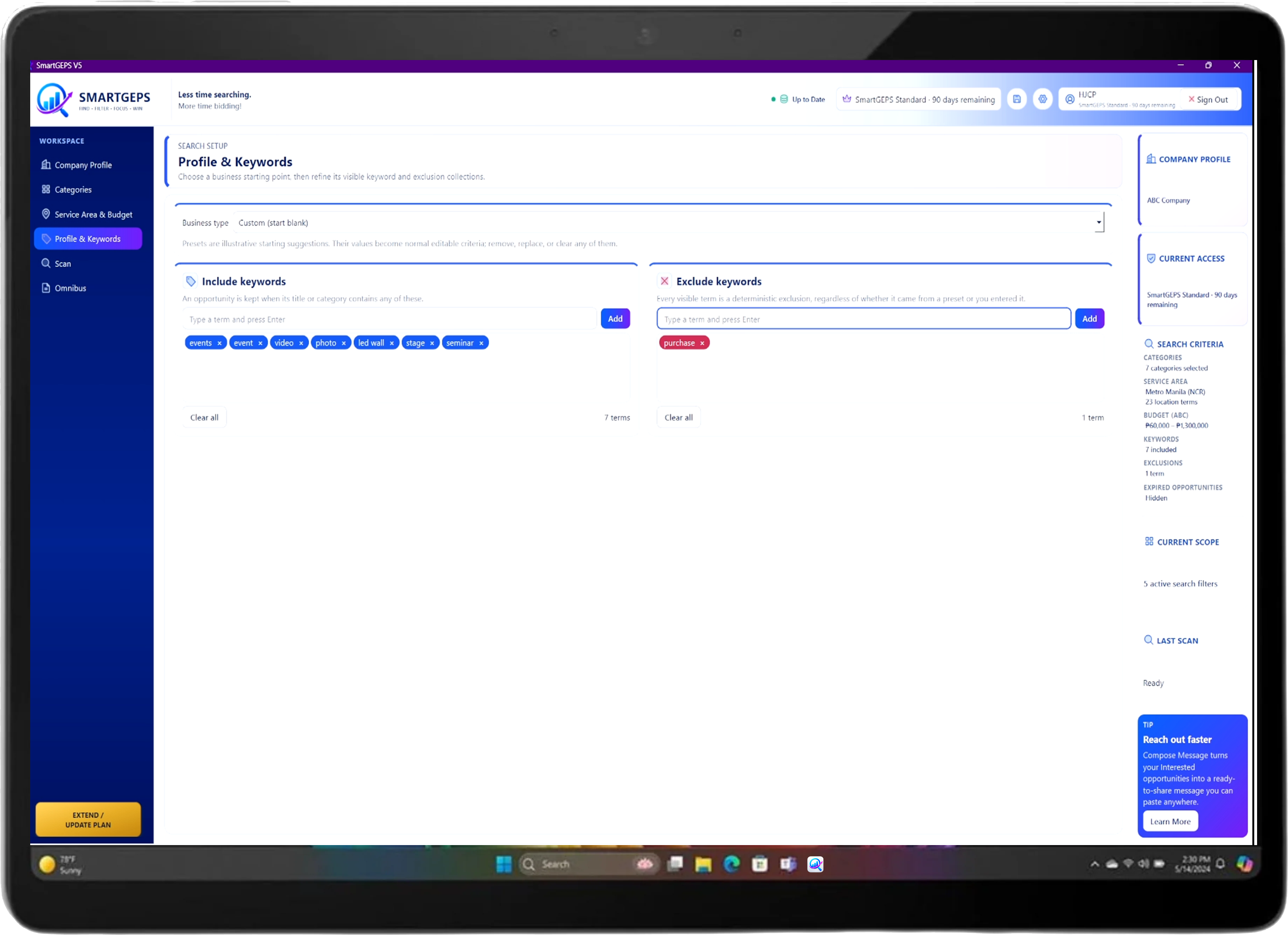 SmartGEPS profile and keyword setup